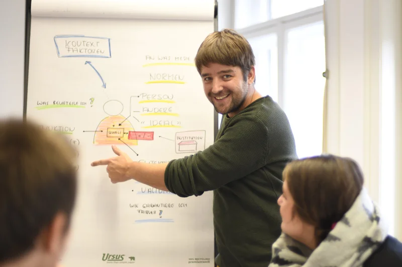 Unterrichtssituation mit Referent und Ausbildner:innen am Flipchart.
